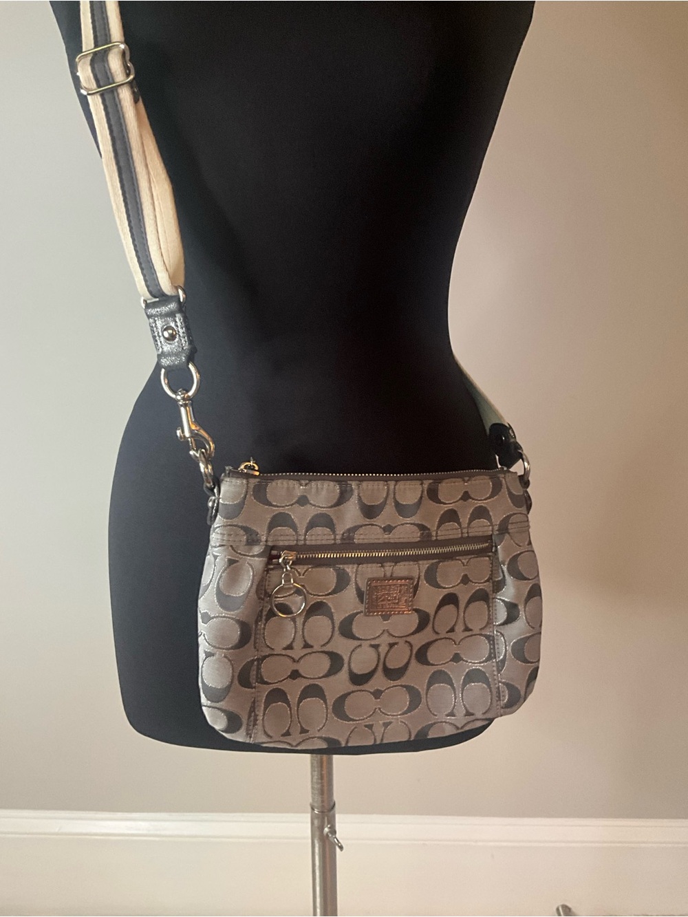 Coach Gray Signature Jacquard Crossbody with Striped Strap